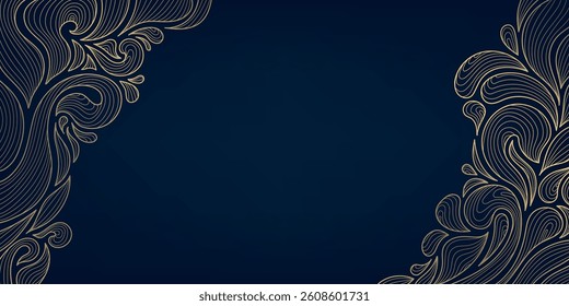 Vector art deco nouveau gold swirl background, line royal leaf frame, baroque decor geometric pattern. Wavy flourish design, fashion invitation