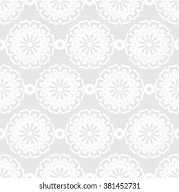 Vector art deco pattern with abstract flowers in 1920s fashion style. Simple, chic and elegant print with geometric decor and floral motif and circles for wedding invitation background in silver white