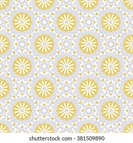 Vector art deco pattern with abstract flowers in 1920s fashion style Chic and elegant vintage print with flourish decor, floral motif and circles for wedding invitation background in silver white gold