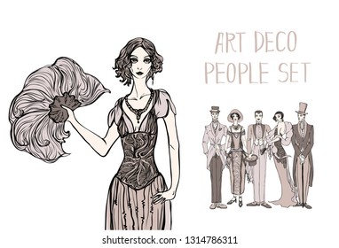 Vector art deco people set. Gatsby style set. Group of retro woman and man. design in 20's style. sketch style mafia and gangsters