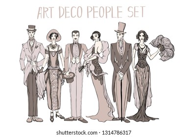 Vector art deco people set. Gatsby style set. Group of retro woman and man. design in 20's style. sketch style mafia and gangsters
