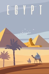 Vector Art Deco Retro Poster. The Egyptian Pyramids. The Sahara Desert. Two Men Are Riding Camels.
