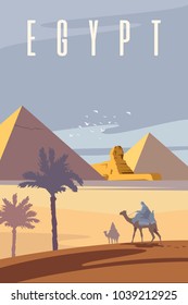 Vector art deco retro poster. The Egyptian pyramids. The Sahara desert. Two men are riding camels.