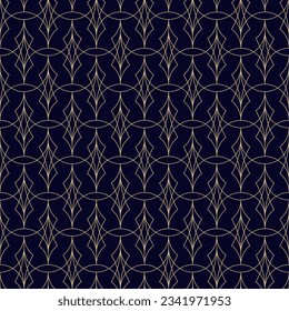 Vector art deco seamless pattern. Luxury golden geometric linear texture with thin curved lines, grid, lattice ornament. Minimal black and gold abstract background. Elegant repetitive geo design