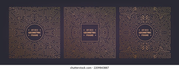 Vector art deco set of frames, abstract geometric design templates for luxury products. Geometric golden square line backgrounds. Use for package, branding, decoration, placards, banners, flyers