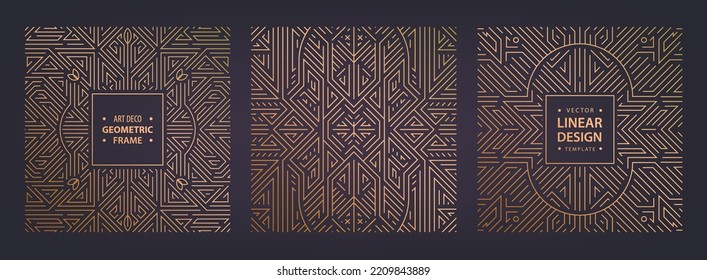 Conjunto de marcos de diseño de arte vectorial, plantillas de diseño geométrico abstracto para productos de lujo. Fondos geométricos de línea cuadrada dorada. Uso para paquetes, marca, decoración, carteles, pancartas, volantes