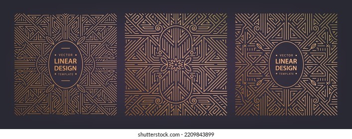 Vector art deco set of frames, abstract geometric design templates for luxury products. Geometric golden square line backgrounds. Use for package, branding, decoration, placards, banners, flyers