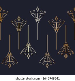 Vector Art Deco Style inspired Gold Effect Floral Line Art on Navy Blue seamless pattern background.