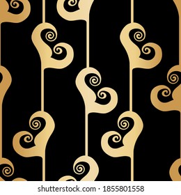 Vector art deco stylized floral foliage black gold foil seamless pattern background. Elegant geometric backdrop with tall swirly abstract flowers or leaves. Decorative 1920s style all over print.