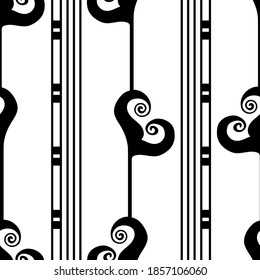 Vector art deco stylized floral foliage striped black white seamless pattern background. Monochrome geometric backdrop with tall flowers and groups of lines. Decorative 1920s style all over print