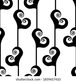 Vector art deco stylized floral foliage black white seamless pattern background. Elegant monochrome geometric backdrop with tall swirly abstract flowers or leaves Decorative 1920s style all over print