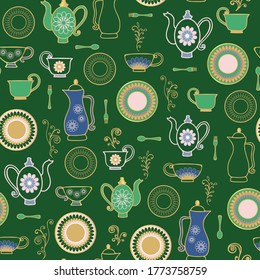 Vector Art Deco tea party green seamless background pattern, ideal for kitchen textiles, invitations, restaurant menus etc. 