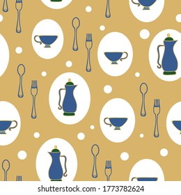 Vector Art Deco tea party gold blue seamless background. Ideal for the kitchen as textile or fabric.