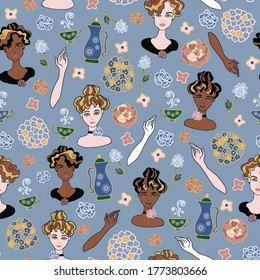 Vector Art Deco tea party blue with ladies, flowers and tea essentials.Seamless repeat background pattern.Great for wallpaper, textile and scrap booking projects.