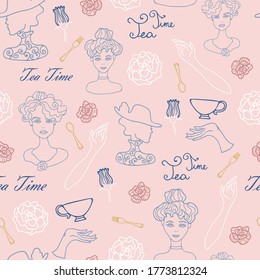 Vector Art Deco tea party line art ladies pink and blue seamless repeat background. Great for wallpaper, textile and scrap booking projects.