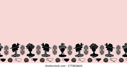 Vector Art Deco tea party pink, black and white decorative seamless border pattern. Great for wallpaper, textile and scrap booking projects.