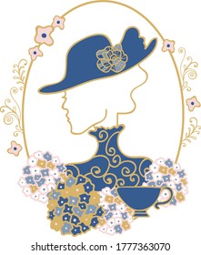 Vector Art Deco Tea Party Lady Silhouette Vintage Placement Print. Great For Invitations, Embroidery Design And Textile Details.