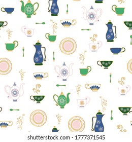 Vector Art deco tea party white seamless background pattern. Ideal for kitchen textiles, invitations, restaurant menus etc.