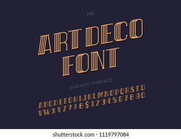 Vector art deco typeface. Retro font for party poster, printing on fabric, t shirt, promotion, decoration, stamp, label. Cool bold modern alphabet vintage typography. 10 eps