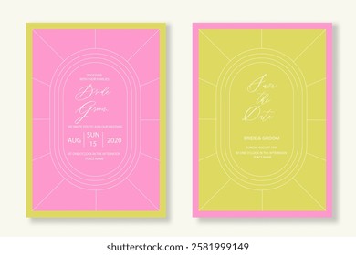 Vector art deco vintage wedding invitation template set with frame line style and double arch for party, greeting card.