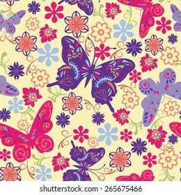 vector art decoration seamless  wallpaper pattern of butterflies and flowers- illustration