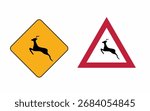 Vector art of deer crossing warning signs a yellow diamond and a red triangle show a deer jumping, indicating a wildlife crossing ahead on the road