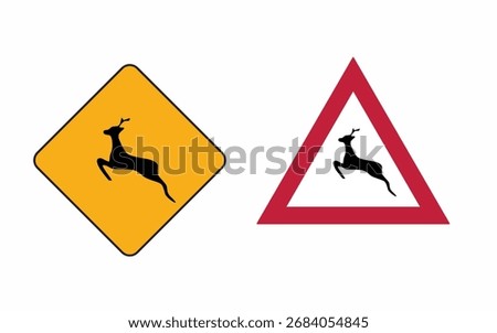 Vector art of deer crossing warning signs a yellow diamond and a red triangle show a deer jumping, indicating a wildlife crossing ahead on the road