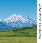 Vector art of Denali National Park and Preserve with an iconic view of its Alaska’s interior wilderness of mountains and valleys. An illustration of for art prints, badges or designs.