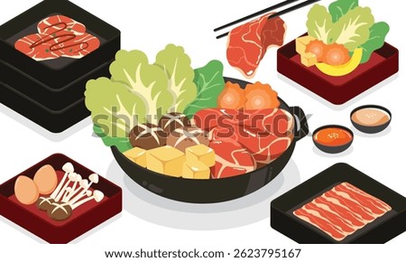 Vector art depicting a delicious shabu-shabu meal with various ingredients ready for cooking. Ideal for restaurant and culinary themes.