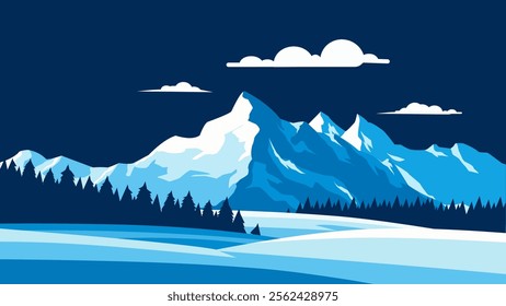 Vector art depicting snow-capped mountains at night.