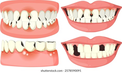 Vector art depicting various dental conditions and treatments