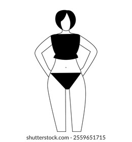 Vector art depicts a woman in a black bikini standing confidently.