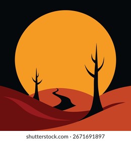 Vector art of desert landscape with large sun and barren trees
