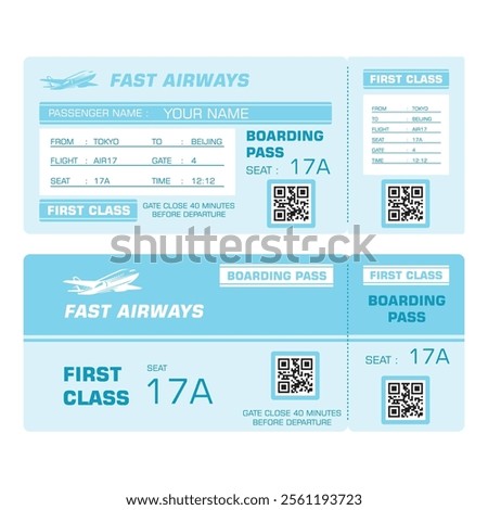A vector art design of an airplane ticket features vibrant colors, sleek lines, and detailed graphics. It includes flight information, barcode, and attractive travel-themed elements for visual appeal.