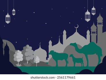 vector art design background of Eid al-Adha, or the Festival of Sacrifice, commemorates Abraham's obedience to God. It involves the ritual sacrifice of animals, emphasizes charity, community, faith.