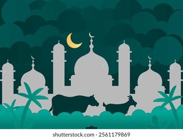 vector art design background of Eid al-Adha, or the Festival of Sacrifice, commemorates Abraham's obedience to God. It involves the ritual sacrifice of animals, emphasizes charity, community, faith.