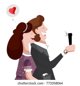 Vector art design card with happy man and woman with a phone do selfie