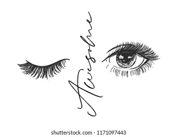 Vector art design, closed and open eye with long lashes, beautiful eyelashes. Fashion illustration, tee shirt slogan design