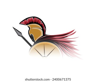 vector art design of a symbol or logo of a spartan warrior holding a spear and shield wearing a red feathered combat helmet on his head and a red cloth cloak hanging around his neck and shoulders