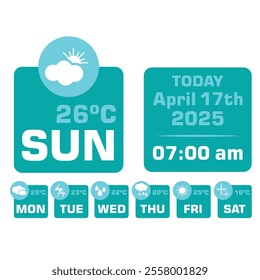 vector art design of weather forecast, application of science and technology to predict the conditions of the atmosphere based location and time, sunny, rainy, winter, summer, humidity, temperature