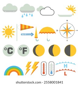 vector art design of weather forecast, application of science and technology to predict the conditions of the atmosphere based location and time, sunny, rainy, winter, summer, humidity, temperature