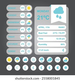 vector art design of weather forecast, application of science and technology to predict the conditions of the atmosphere based location and time, sunny, rainy, winter, summer, humidity, temperature