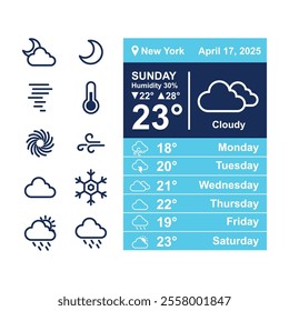 vector art design of weather forecast, application of science and technology to predict the conditions of the atmosphere based location and time, sunny, rainy, winter, summer, humidity, temperature