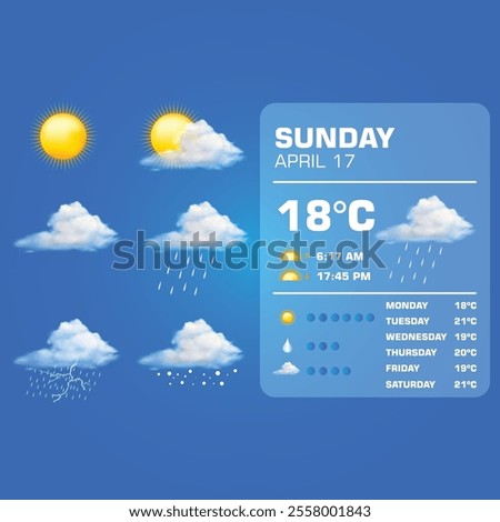 vector art design of weather forecast, application of science and technology to predict the conditions of the atmosphere based location and time, sunny, rainy, winter, summer, humidity, temperature