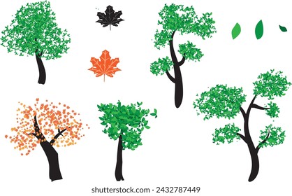 Vector art of different type of tree and leaves. Autumn leaves in dark orange and black colour. Green leaves also in there.