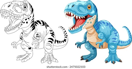Vector art of a dinosaur in color and outline