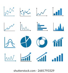 Vector art of diverse collection of blue business charts and graphs, ideal for data visualization, financial analysis, and statistical reporting in a modern style