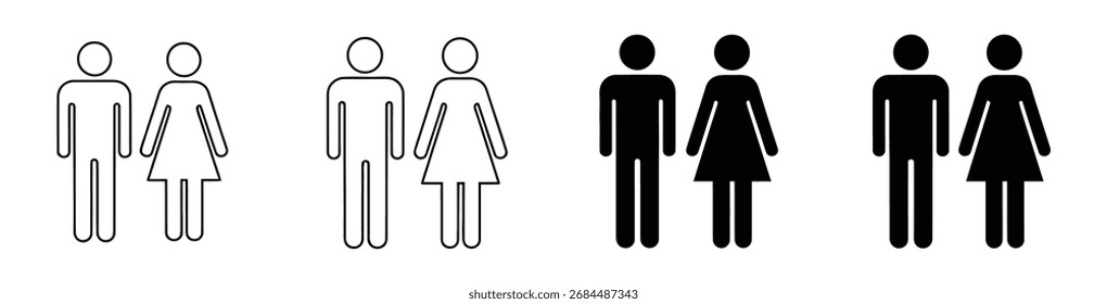 Arte vectorial de diversas representaciones de figuras masculinas y femeninas de pie una al lado de la otra, mostrando estilos variables y grosores de línea en blanco y negro