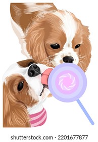 Vector art of dog cavalier king charles spaniel drawing cute puppies licking a candy