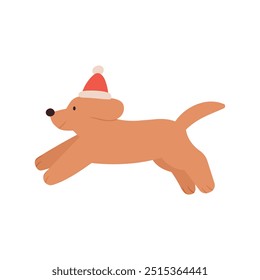 Vector art of a dog running while wearing a Santa hat